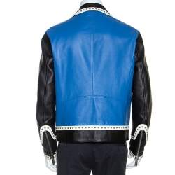 Dsquared2 Blue Leather Contrast Detail Studded Zip Front Jacket L
