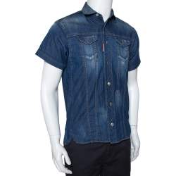 Dsquared2 Blue Denim Distressed Patch Detail Short Sleeve Shirt XS
