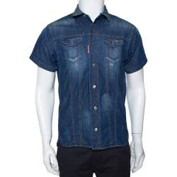 Dsquared2 Blue Denim Distressed Patch Detail Short Sleeve Shirt XS