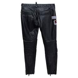 Dsquared2 Black Calf Leather Patch Detail Biker Pants L 