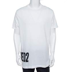 Pre Owned Dsquared2 White Logo Print Cotton Long Cool Fit T-Shirt XXL