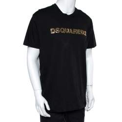 Pre Owned Dsquared2 Black Cotton Logo Sequinned Long Cool Fit T-Shirt XXL