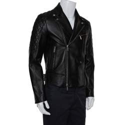 Pre Owned Dsquared2 Black Leather Quilted Panel Detail Zip Front Jacket M