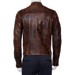 Pre Owned Dsquared2 Brown Leather Quilted Detail Zip Front Jacket M