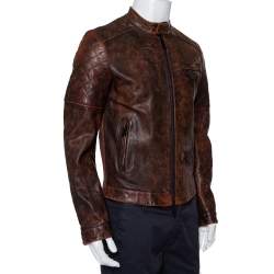 Pre Owned Dsquared2 Brown Leather Quilted Detail Zip Front Jacket M