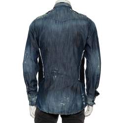 Pre Owned Dsquared2 Blue Dirty Denim Checkered Wool Vest Detail Shirt M 