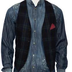 Pre Owned Dsquared2 Blue Dirty Denim Checkered Wool Vest Detail Shirt M 