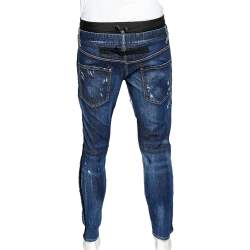 Pre Owned Dsquared2 Navy Blue Denim Double Waist Contrast Trim Distressed Jeans L