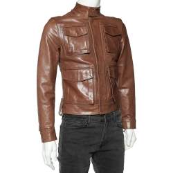 Dsquared2 Brown Leather Stand Collar Jacket S