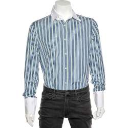 Dsquared2 Blue Striped Cotton Contrast Collar Button Front Shirt XXL
