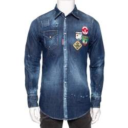 Dsquared2 Blue Distressed Denim Patch Appliqued Button Front Shirt M