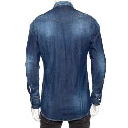 Dsquared2 Blue Distressed Denim Patch Appliqued Button Front Shirt M
