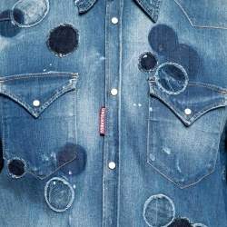 Pre Owned Dsquared2 Blue Distressed Denim Patchwork Detailed Button Front Shirt XXL