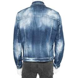 Pre Owned Dsquared2 Navy Blue Distressed Denim Paint Spotted Dan Jacket XXL