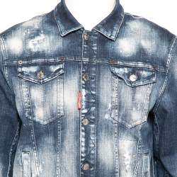 Pre Owned Dsquared2 Navy Blue Distressed Denim Paint Spotted Dan Jacket XXL