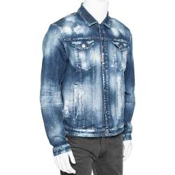 Pre Owned Dsquared2 Navy Blue Distressed Denim Paint Spotted Dan Jacket XXL