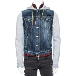 Dsquared2 Distressed Denim & Knit Contrast Lined Hooded Jacket L