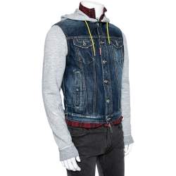 Dsquared2 Distressed Denim & Knit Contrast Lined Hooded Jacket L