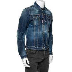 Dsquared2 Blue Printed Distressed Denim Classic Jean Jacket L