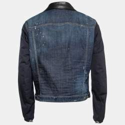 Dsquared2 Navy Blue Denim & Leather Collar Detail Jacket L