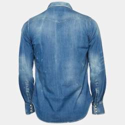 Pre Owned Dsquared2 Blue Ripped Denim Long Sleeve Shirt L