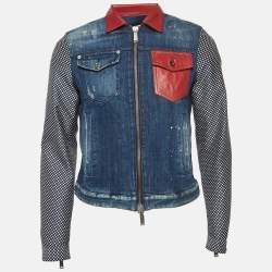 Dsquared2 Navy Blue Polka Dots Leather Trim Denim Jacket M
