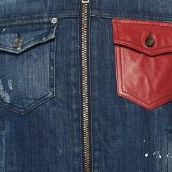Dsquared2 Navy Blue Polka Dots Leather Trim Denim Jacket M