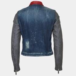 Dsquared2 Navy Blue Polka Dots Leather Trim Denim Jacket M