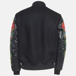 Pre Owned Dsquared2 Black Floral Embroidered Leather and Wool Bomber Jacket S