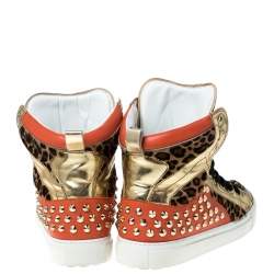 Dsquared2 Multicolor Leopard Print Calfhair and Patent Leather Studded High Top Sneakers Size 43