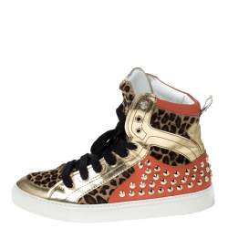 Dsquared2 Multicolor Leopard Print Calfhair and Patent Leather Studded High Top Sneakers Size 43