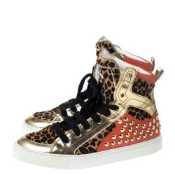 Dsquared2 Multicolor Leopard Print Calfhair and Patent Leather Studded High Top Sneakers Size 43