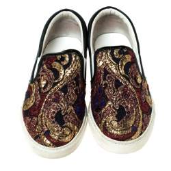 Pre Owned Dsquared2 Black Leather And Brocade Embroidered Fabric Slip On Sneakers Size 40