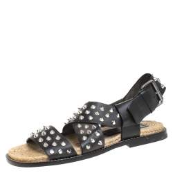 Dsquared2 Black Spiked Leather Cross Ankle Strap Espadrille Flats Size 41