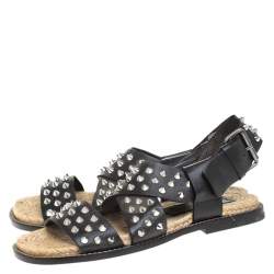 Dsquared2 Black Spiked Leather Cross Ankle Strap Espadrille Flats Size 41