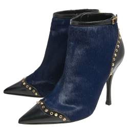 Pre Owned DSquared Navy Blue/Black Calf Hair And Leather Booties Size 37