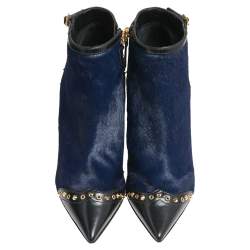 Pre Owned DSquared Navy Blue/Black Calf Hair And Leather Booties Size 37