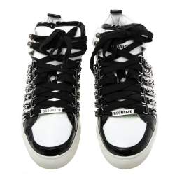 Pre Owned Dsqaured2 Black/White Leather And Patent Leather Chain Embellished High Top Sneakers Size 43