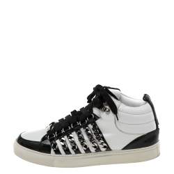 Pre Owned Dsqaured2 Black/White Leather And Patent Leather Chain Embellished High Top Sneakers Size 43