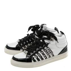 Pre Owned Dsqaured2 Black/White Leather And Patent Leather Chain Embellished High Top Sneakers Size 43