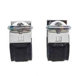 Dunhill Black Leather & Silver Wrap Around Cufflinks