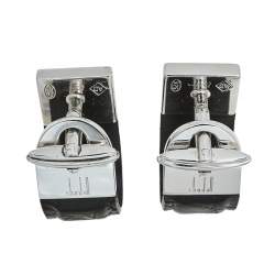 Dunhill Black Leather & Silver Wrap Around Cufflinks