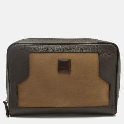 Pre Owned Dunhill Brown Canvas and Leather Logo Zip Pouch