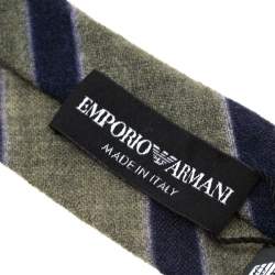 Pre Owned Emporio Armani Olive Green and Navy Blue Diagonal Striped Wool Tie
