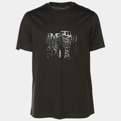 Pre Owned Emporio Armani Dark Olive Green Jersey Logo Print T-Shirt L