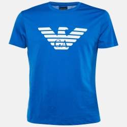 Pre Owned Emporio Armani Blue Logo Printed Cotton Knit T-Shirt L