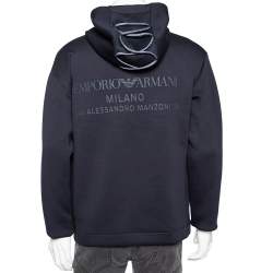 Pre Owned Emporio Armani Blue Logo Printed Jersey Lace Detailed Hoodie XXL