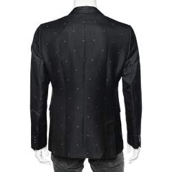 Pre Owned Emporio Armani Black Printed Wool Double Breasted Blazer M