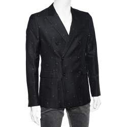 Pre Owned Emporio Armani Black Printed Wool Double Breasted Blazer M