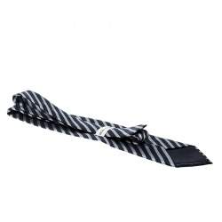 Pre Owned Emporio Armani Navy Blue and Grey Striped Silk Tie